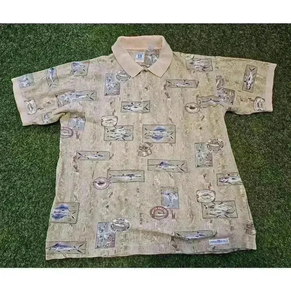 Vintage Hook Tackle Outfitters Polo Shirt Mens Large Fish Print All Over Fishing